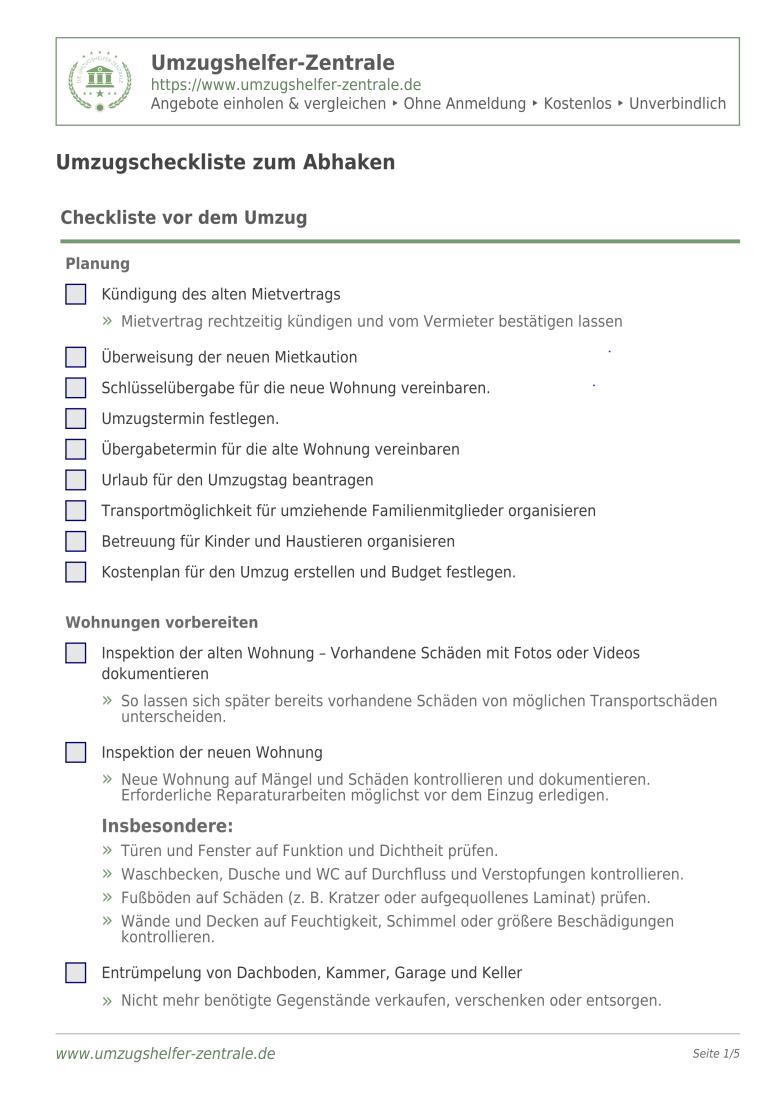 Umzugscheckliste zum Abhaken - Kostenlos als PDF-Download zum Ausdrucken