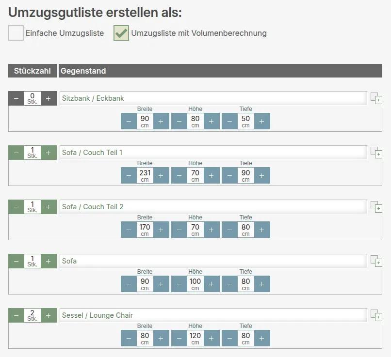 Umzugsgutliste online erstellen: Umzugsliste mit Volumenberechnung