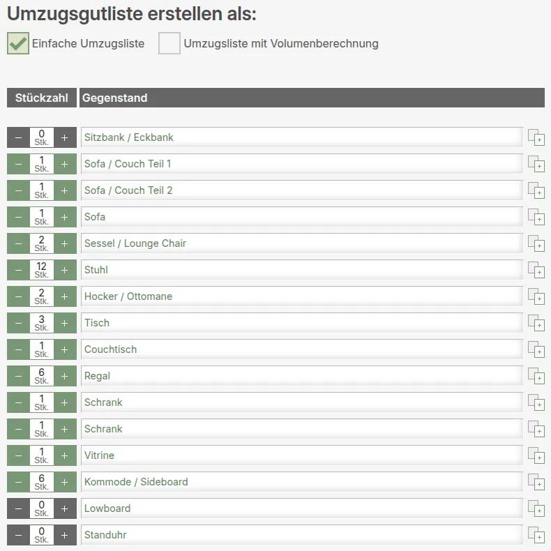 Umzugsgutliste online erstellen: Umzugsliste ohne Volumenberechnung