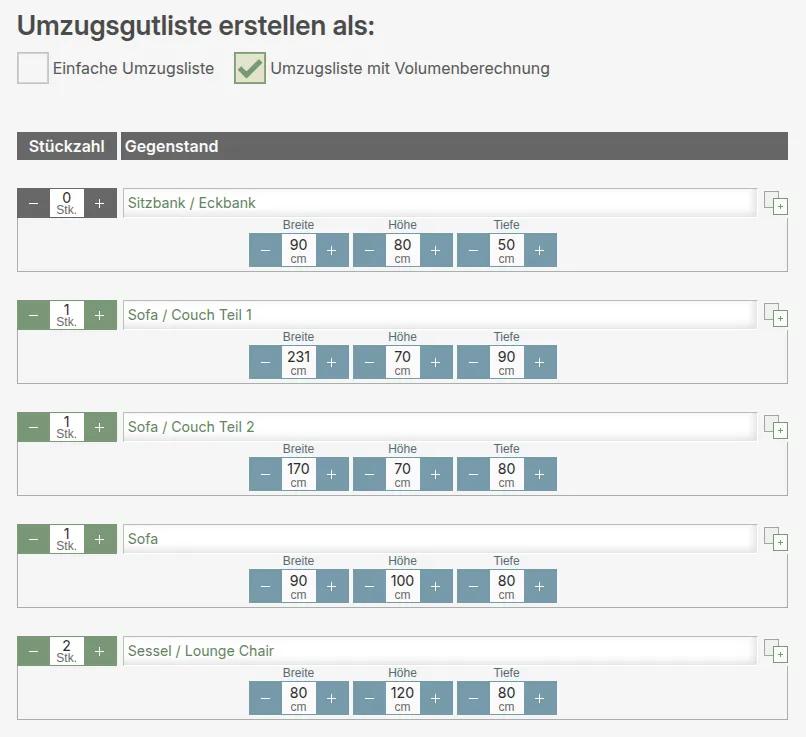 Umzugsgutliste online erstellen: Umzugsliste mit Volumenberechnung